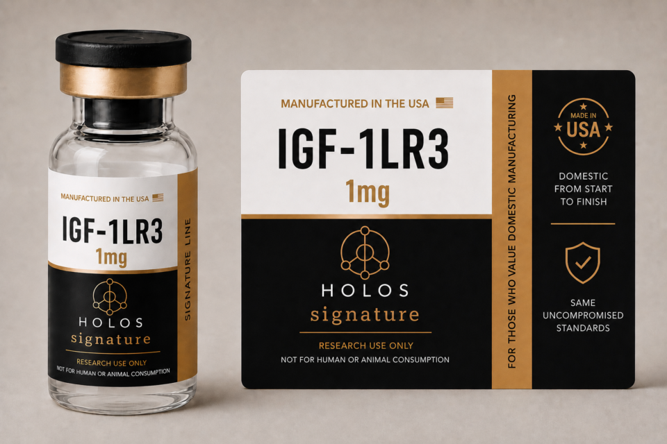 HOLOS Signature IGF-1 LR3 1mg research vial with premium black and gold product packaging