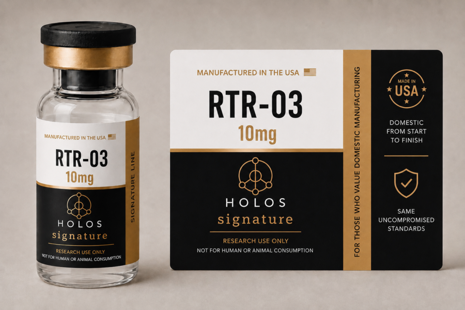 HOLOS Signature RTR-03 10mg research vial with premium black and gold product packaging