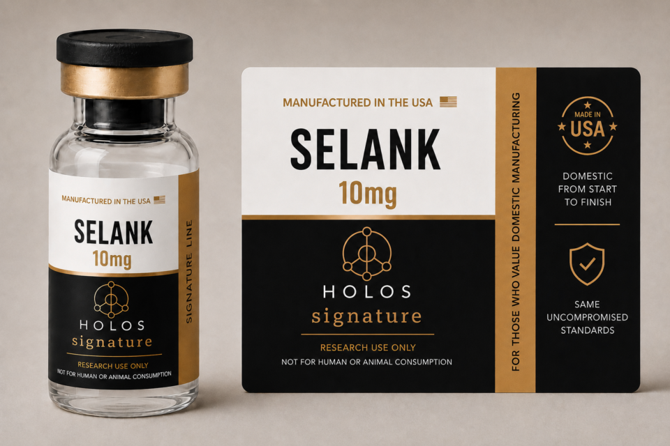 HOLOS Signature Selank 10mg research vial with premium black and gold product packaging