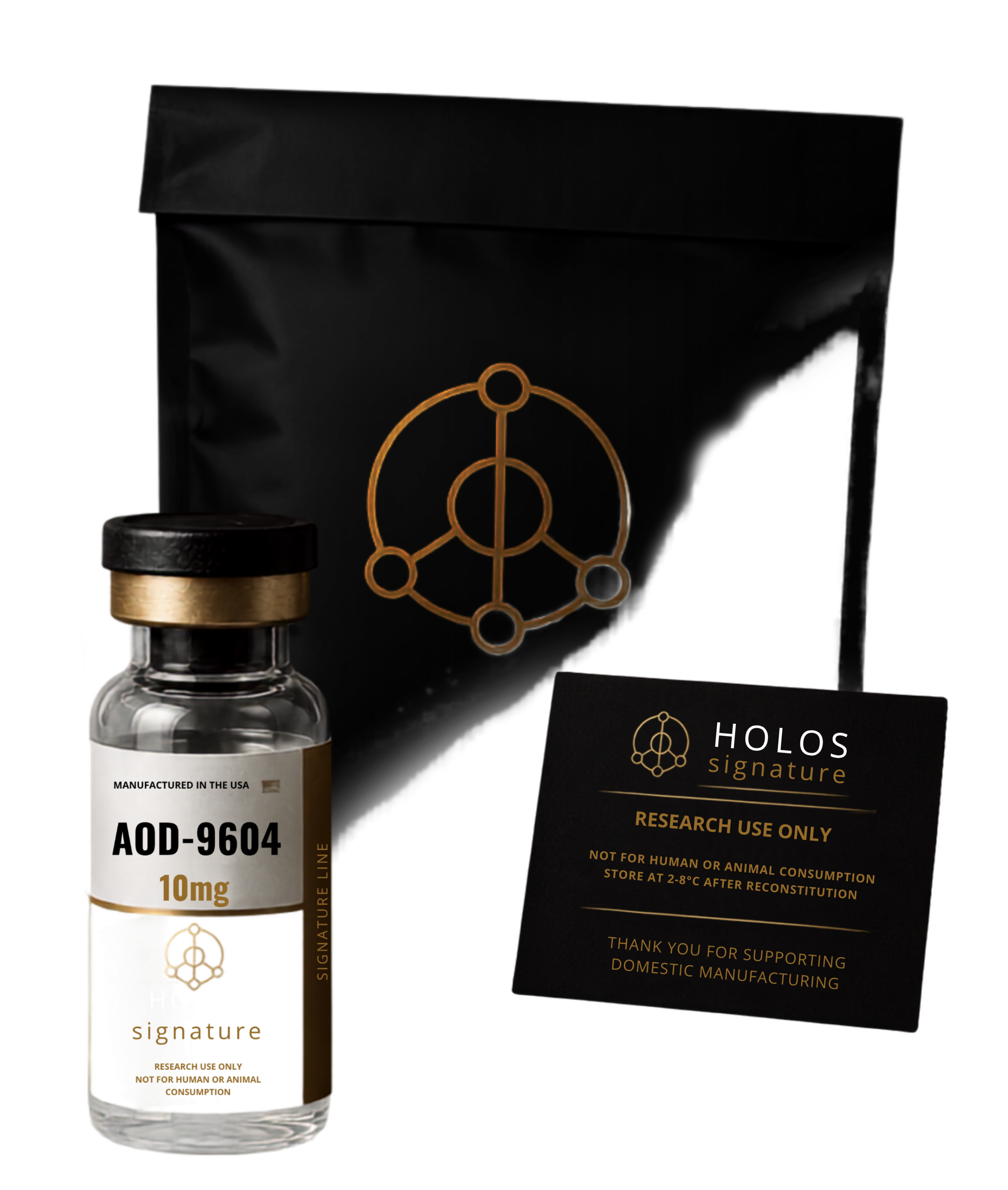 HOLOS Signature KPV 10mg peptide vial with premium black mailer packaging manufactured in Southern California.
